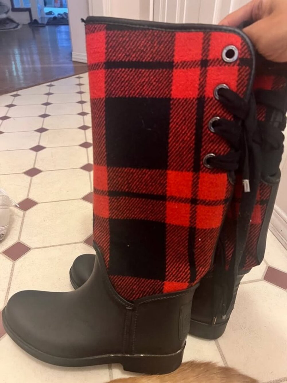 Coach Tristee Rain Boots Womens US 7 Red Black Buffalo Plaid Lace Up